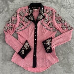Showtime Shirt Womens Medium Pink Rhinestone Western Rodeo Show Snap Button Up